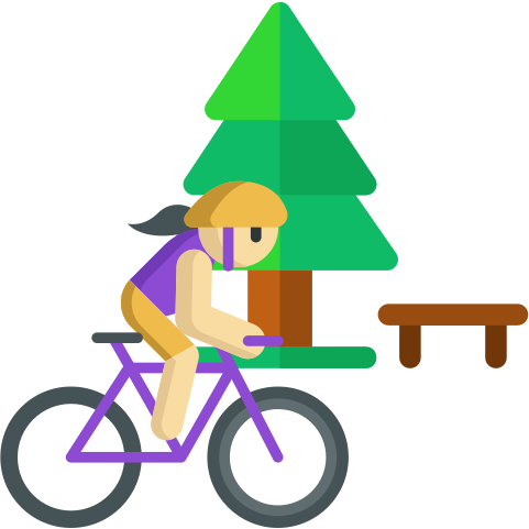 Cycliste passant un sapin et un banc