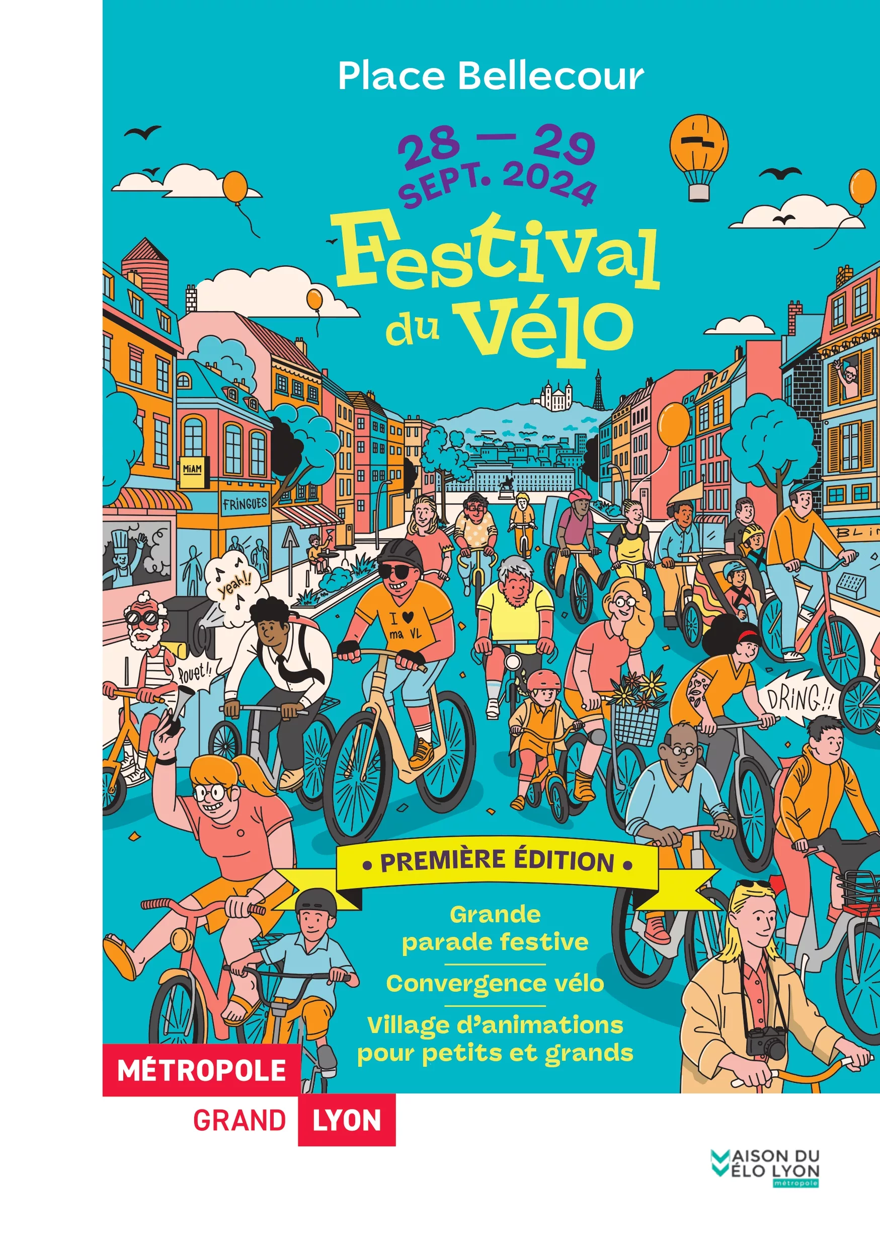 Affiche du festival du vélo le 28 et 29 septembre, place bellcour. Dessin d'une rue plein de cycliste de tous ages et sur tout type de vélo avec la place bellcour en fond